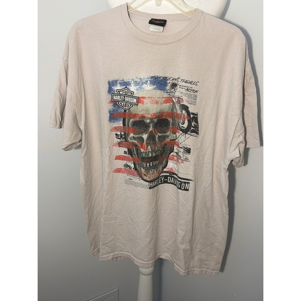 Harley-Davidson Skull Flag Mountain Creek Dalton GA Graphic T-Shirt Beige 2XL